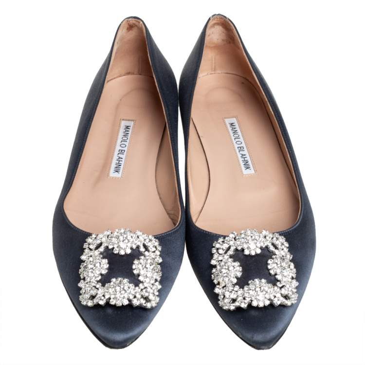 Pre Owned Manolo Blahnik Grey Satin Hangisi Ballet Flats Size 39.5