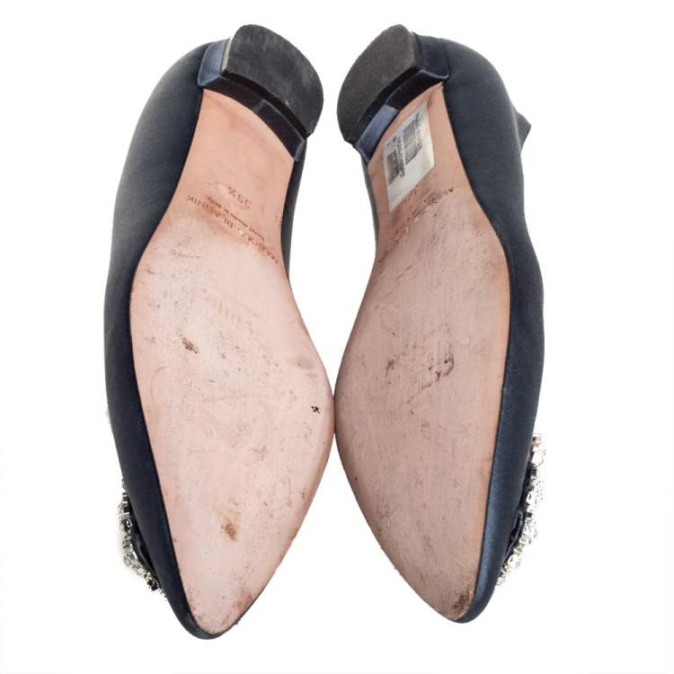 Pre Owned Manolo Blahnik Grey Satin Hangisi Ballet Flats Size 39.5