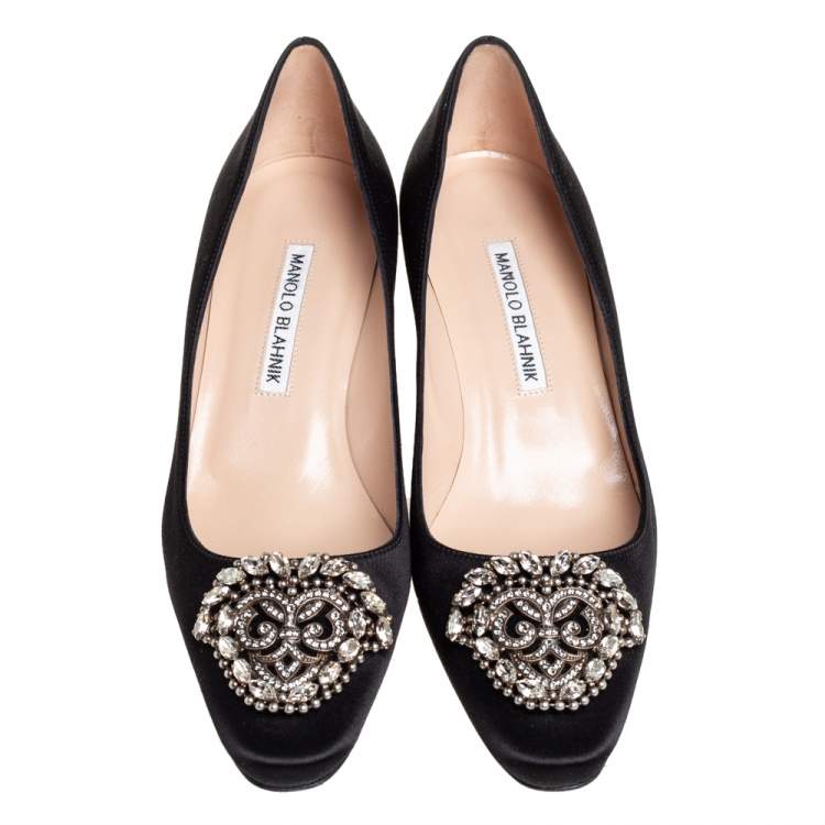 Pre Owned Manolo Blahnik Black Satin Okkato Pumps Size 36.5