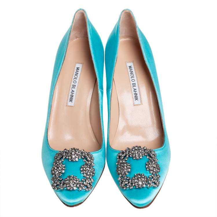 Pre Owned Manolo Blahnik Blue Satin Hangisi Pumps Size 37.5