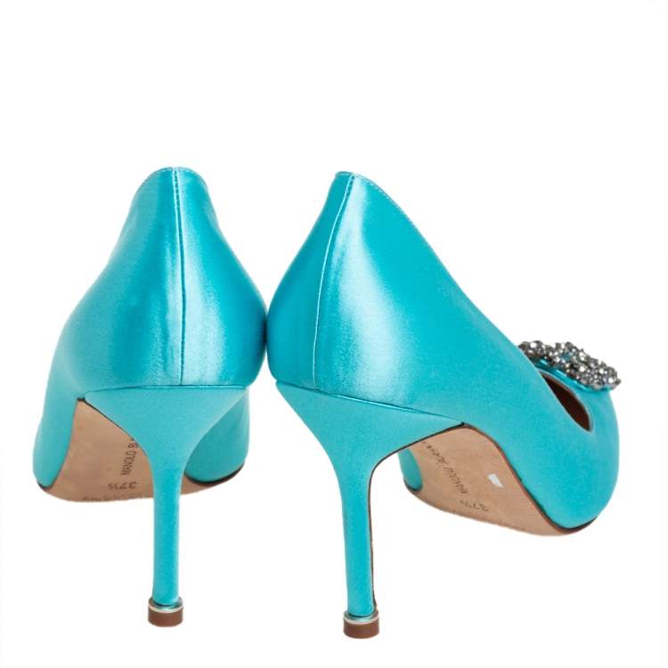 Pre Owned Manolo Blahnik Blue Satin Hangisi Pumps Size 37.5