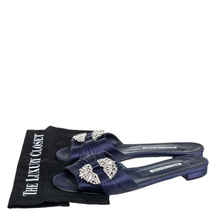 Pre Owned Manolo Blahnik  Navy Blue Satin Crystal Flat Sandals Size 39
