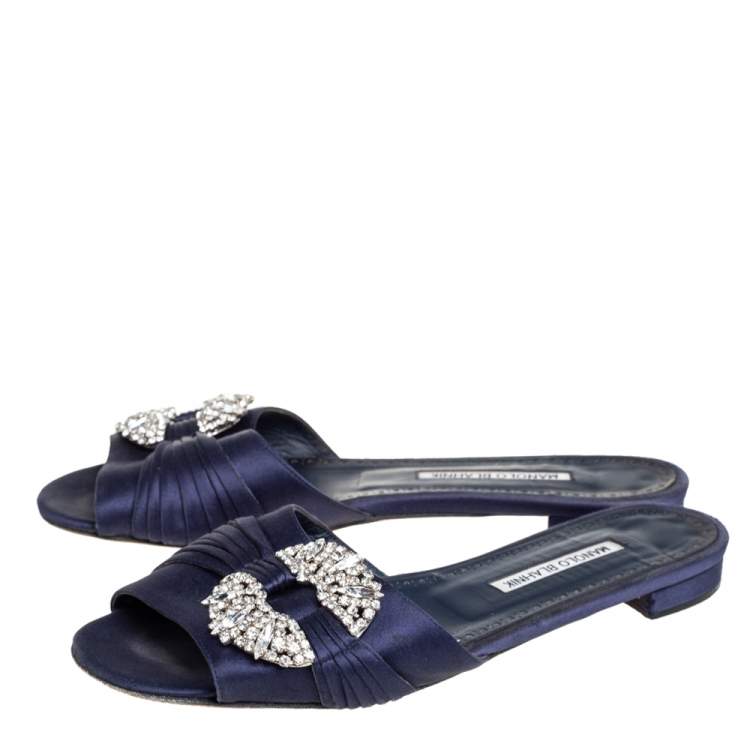 Pre Owned Manolo Blahnik  Navy Blue Satin Crystal Flat Sandals Size 39