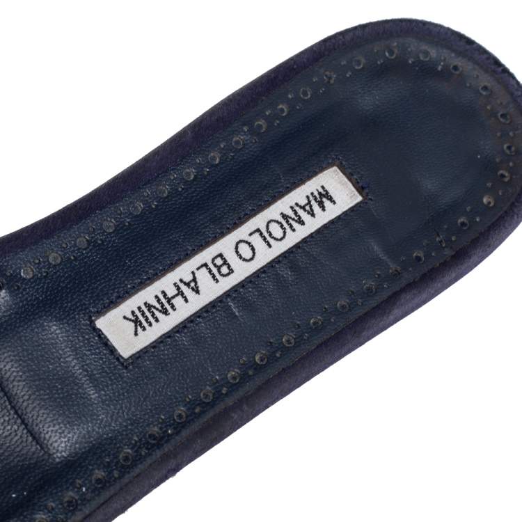 Pre Owned Manolo Blahnik  Navy Blue Satin Crystal Flat Sandals Size 39