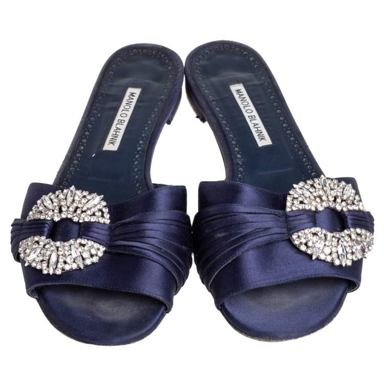 Pre Owned Manolo Blahnik  Navy Blue Satin Crystal Flat Sandals Size 39