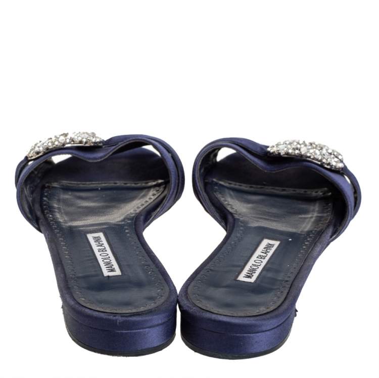 Pre Owned Manolo Blahnik  Navy Blue Satin Crystal Flat Sandals Size 39