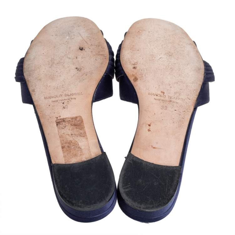 Pre Owned Manolo Blahnik  Navy Blue Satin Crystal Flat Sandals Size 39