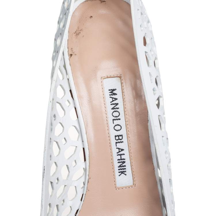 Pre Owned Manolo Blahnik White Laser Cut Leather BB Laserato Pumps Size  35.5
