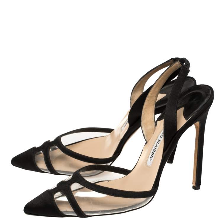 Pre Owned Manolo Blahnik Black Satin and PVC Slingback Gotrianc Sandals Size 38