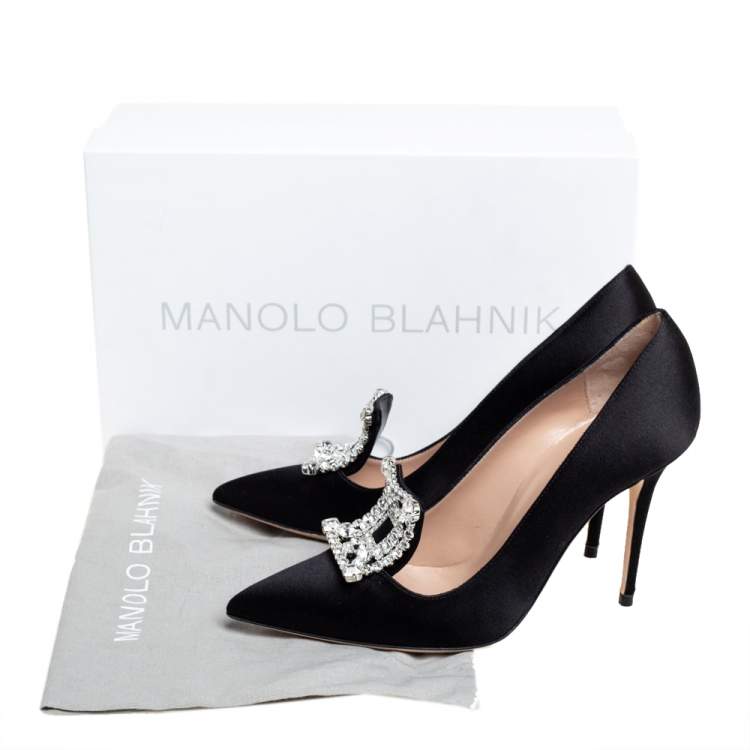 Pre Owned Manolo Blahnik Black Satin Crystal Embellished Borlak Pumps Size 36.5