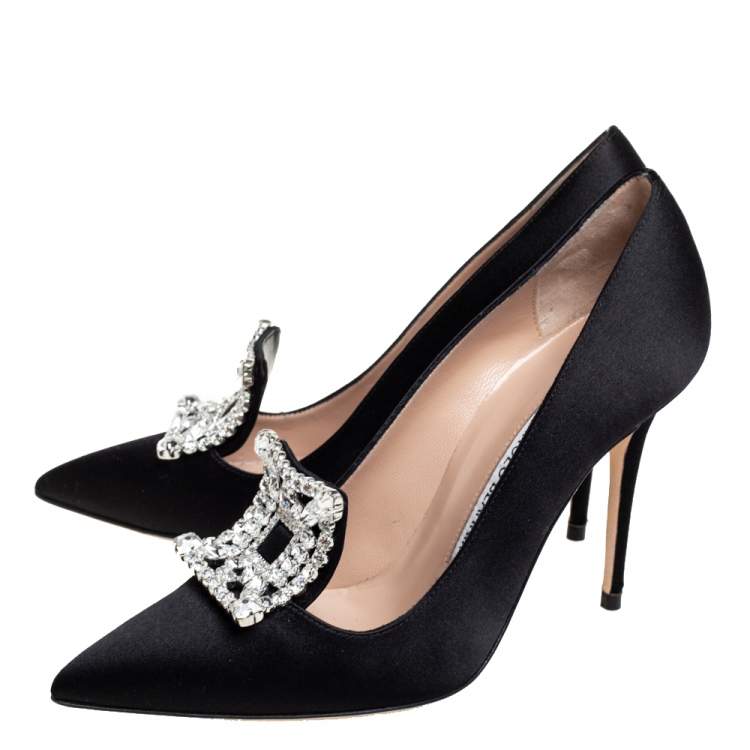Pre Owned Manolo Blahnik Black Satin Crystal Embellished Borlak Pumps Size 36.5