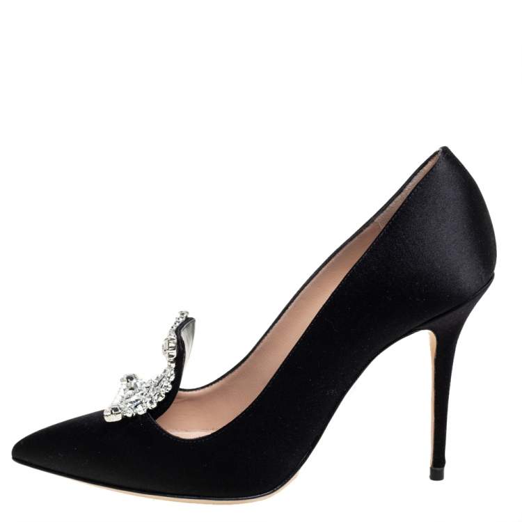 Pre Owned Manolo Blahnik Black Satin Crystal Embellished Borlak Pumps Size 36.5
