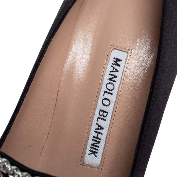 Pre Owned Manolo Blahnik Black Satin Crystal Embellished Borlak Pumps Size 36.5
