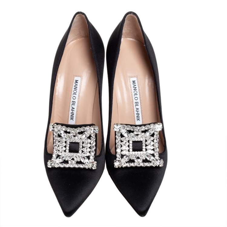 Pre Owned Manolo Blahnik Black Satin Crystal Embellished Borlak Pumps Size 36.5