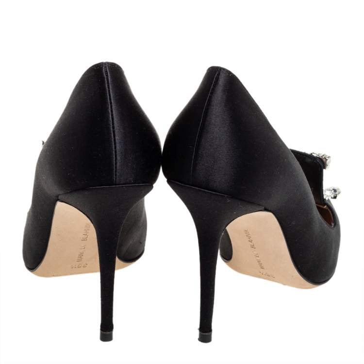 Pre Owned Manolo Blahnik Black Satin Crystal Embellished Borlak Pumps Size 36.5