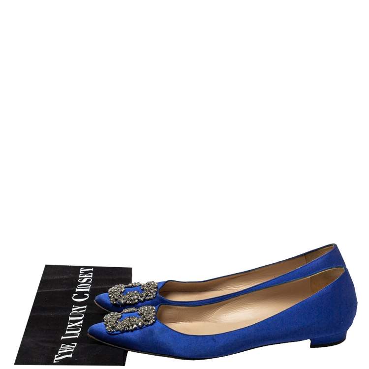 Pre Owned Manolo Blahnik Blue Satin Hangisi Flats Size 39.5