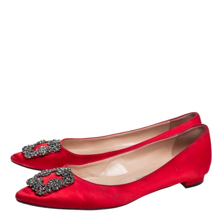 Pre Owned  Manolo Blahnik Red Satin Hangisi Crystal Embellishments Ballet Flats Size 38.5