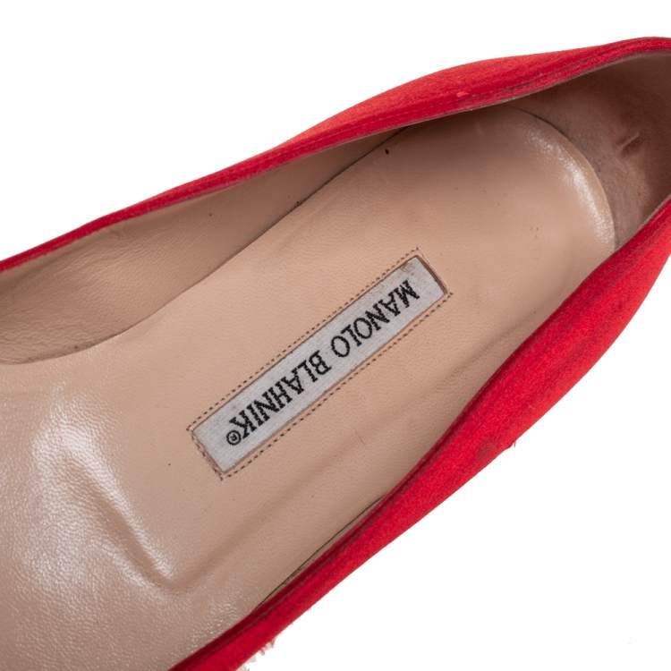 Pre Owned  Manolo Blahnik Red Satin Hangisi Crystal Embellishments Ballet Flats Size 38.5