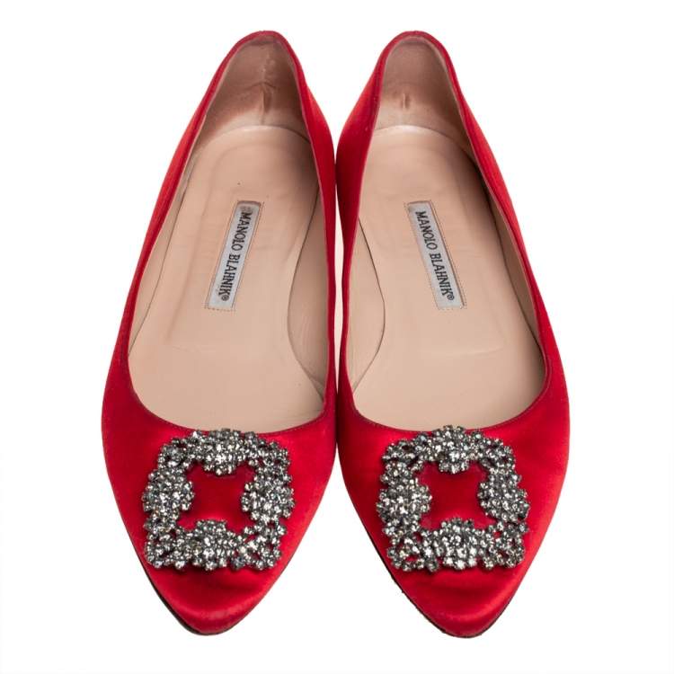 Pre Owned  Manolo Blahnik Red Satin Hangisi Crystal Embellishments Ballet Flats Size 38.5