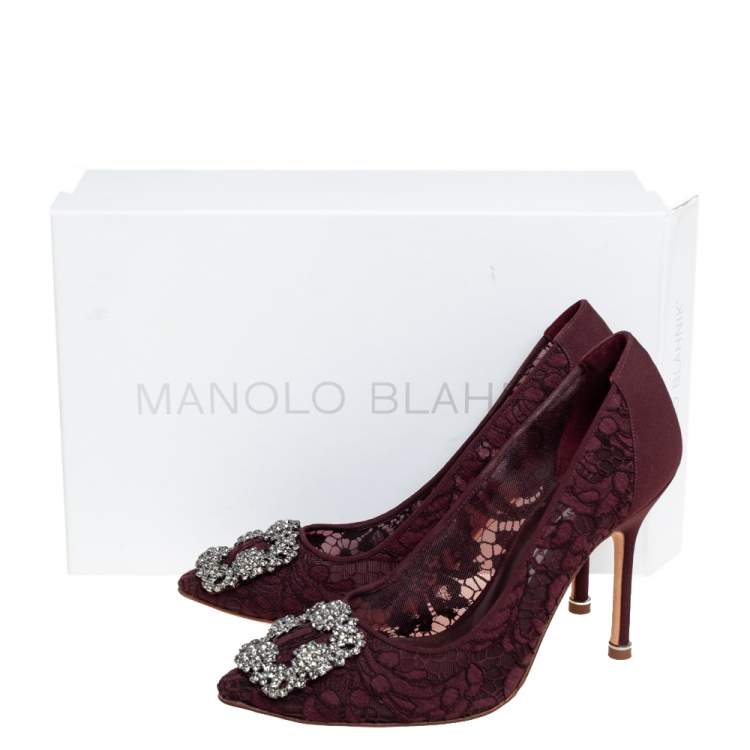 Pre Owned Manolo Blahnik Burgundy Satin And Lace Hangisi Crystal Embellished Pointed Toe Pumps Size 36.5