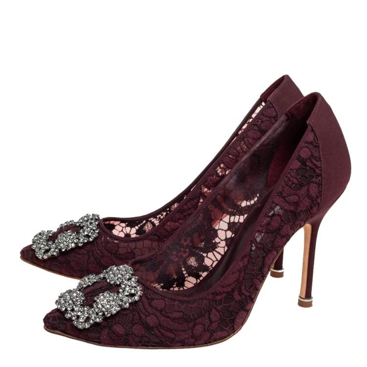 Pre Owned Manolo Blahnik Burgundy Satin And Lace Hangisi Crystal Embellished Pointed Toe Pumps Size 36.5