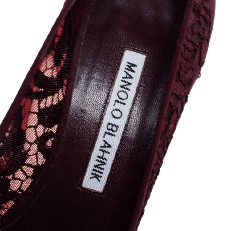 Pre Owned Manolo Blahnik Burgundy Satin And Lace Hangisi Crystal Embellished Pointed Toe Pumps Size 36.5