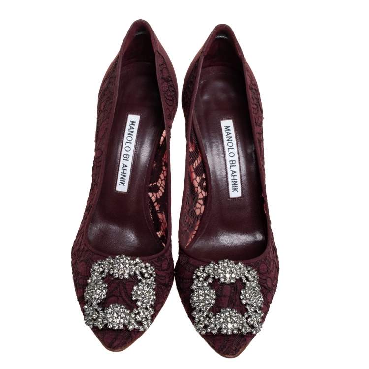 Pre Owned Manolo Blahnik Burgundy Satin And Lace Hangisi Crystal Embellished Pointed Toe Pumps Size 36.5