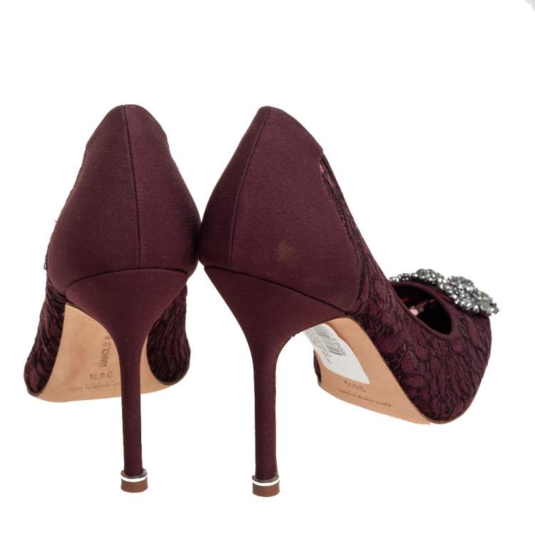 Pre Owned Manolo Blahnik Burgundy Satin And Lace Hangisi Crystal Embellished Pointed Toe Pumps Size 36.5