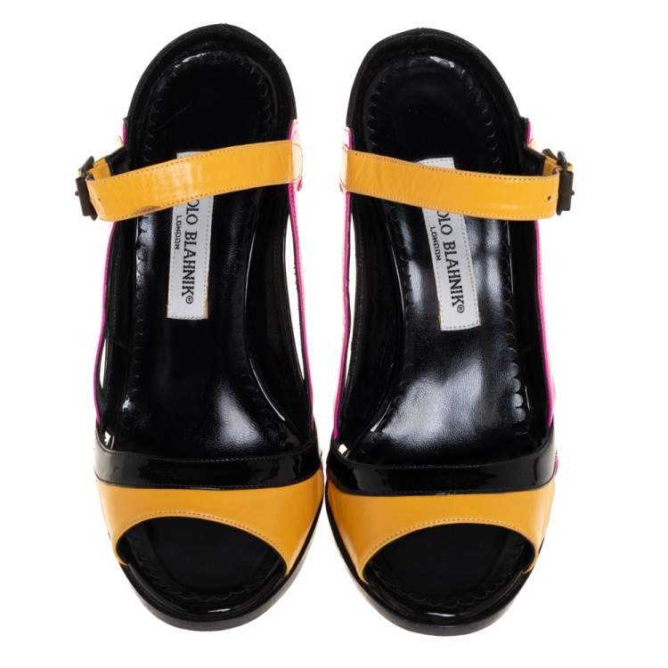 Pre Owned Manolo Blahnik Muticolor Patent And Leather  Ankle Strap Sandals Size 37.5