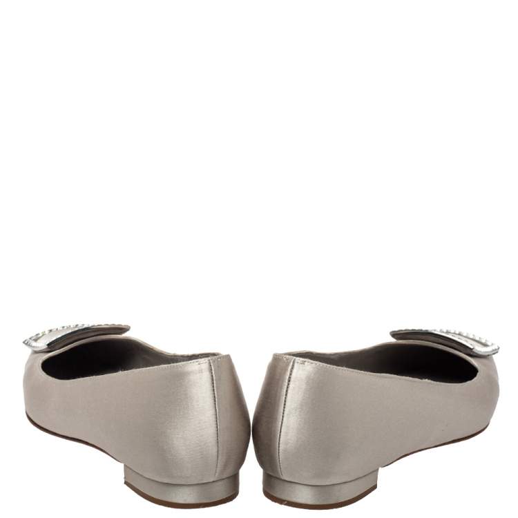 Pre Owned Manolo Blahnik Silver Satin Embellished Ballet Flats Size 39.5