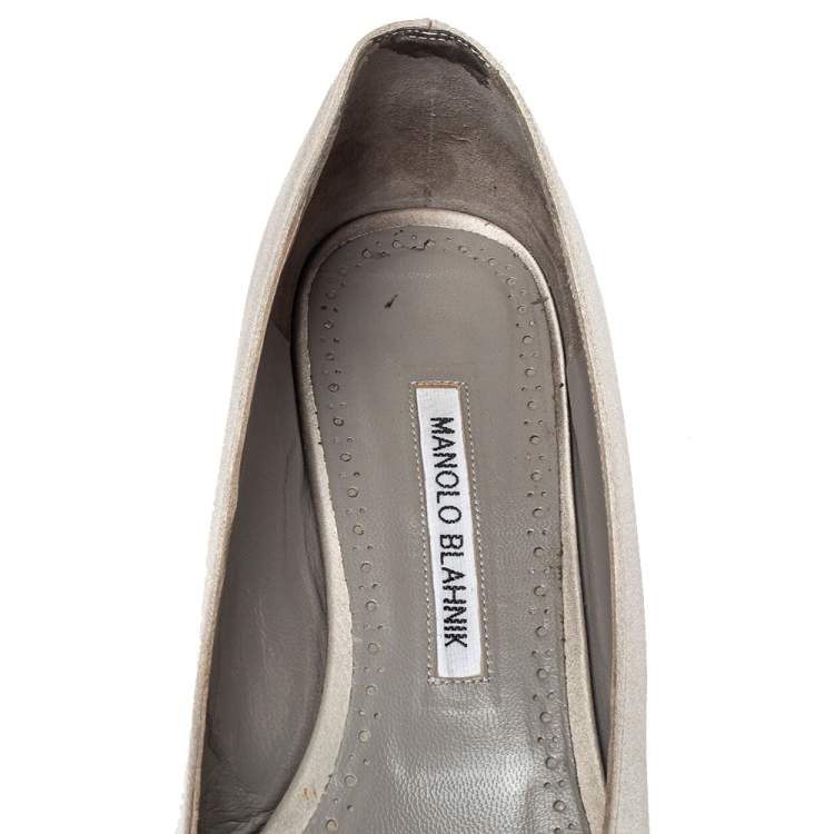 Pre Owned Manolo Blahnik Silver Satin Embellished Ballet Flats Size 39.5