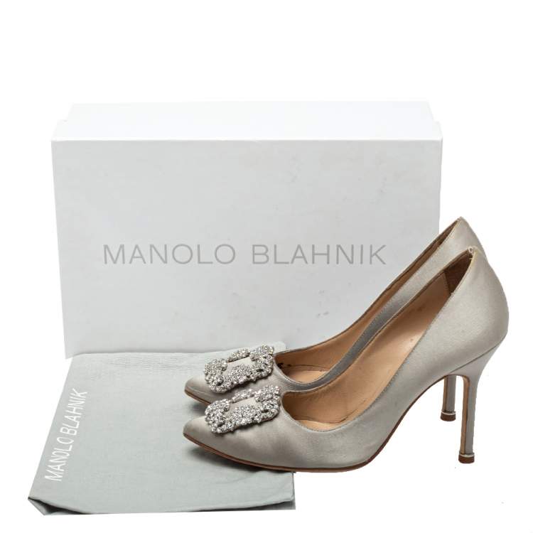 Pre Owned Manolo Blahnik Grey Satin Hangisi Crystal Embellished Pumps Size 36