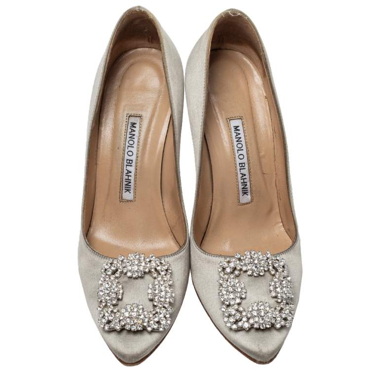 Pre Owned Manolo Blahnik Grey Satin Hangisi Crystal Embellished Pumps Size 36