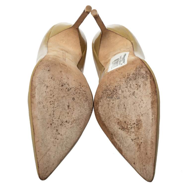 Pre Owned Manolo Blahnik Beige Patent Leather BB Pointed Toe Pumps Size 36.5