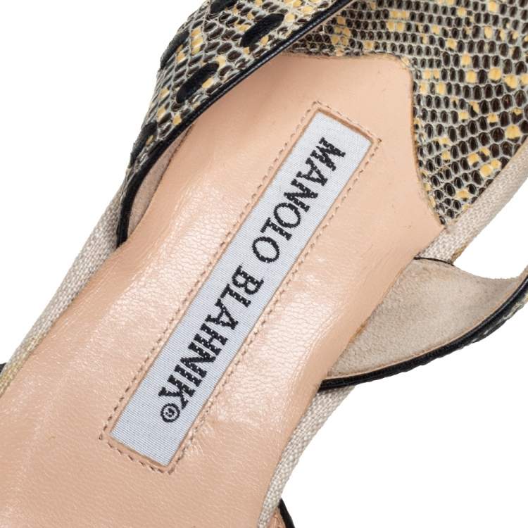 Pre Owned Manolo Blahnik Beige Fabric And Snake Leather Slingback Pumps Size 38