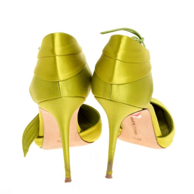 Pre Owned Manolo Blahnik Green Pleated Satin Reya Pumps Size 37.5