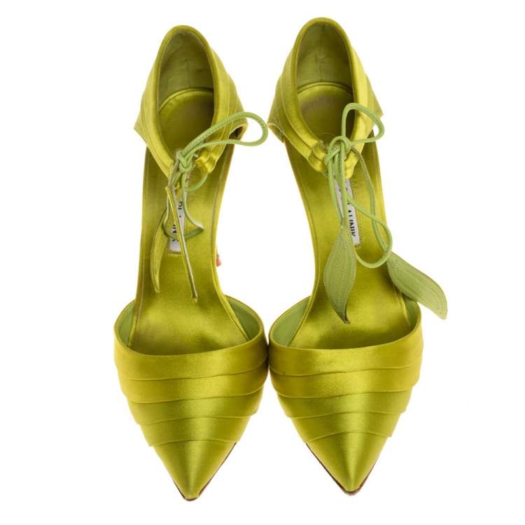 Pre Owned Manolo Blahnik Green Pleated Satin Reya Pumps Size 37.5