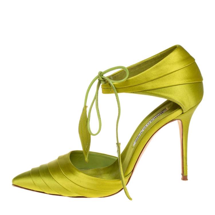 Pre Owned Manolo Blahnik Green Pleated Satin Reya Pumps Size 37.5