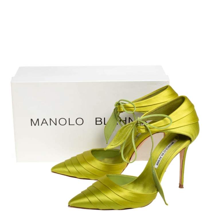 Pre Owned Manolo Blahnik Green Pleated Satin Reya Pumps Size 37.5