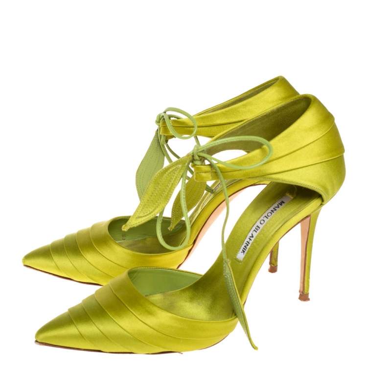 Pre Owned Manolo Blahnik Green Pleated Satin Reya Pumps Size 37.5
