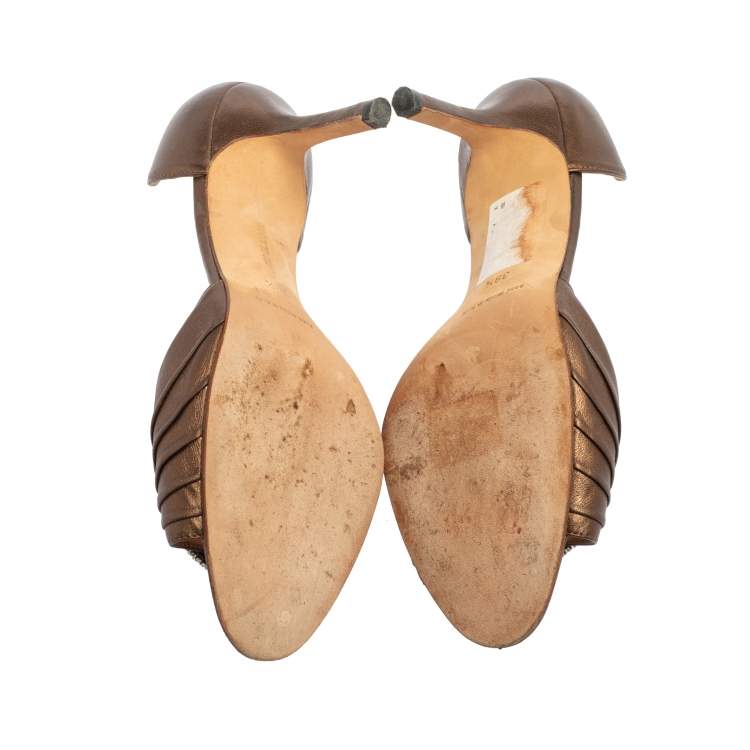 Pre Owned Manolo Blahnik Brown Pleated Leather Sedaraby D'orsay Sandals Size 39.5