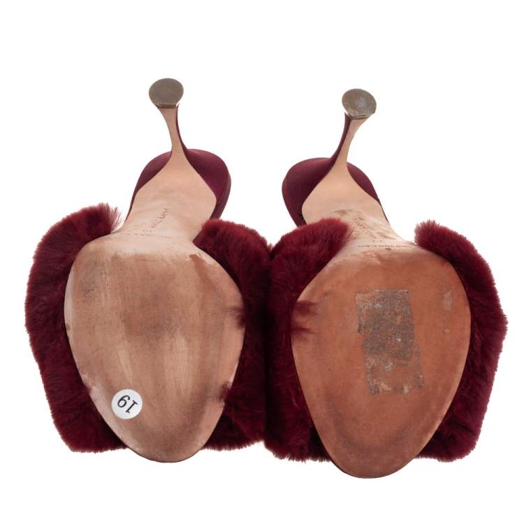 Pre Owned Manolo Blahnik Burgundy Fur And Leather Mules Sandals Size 39