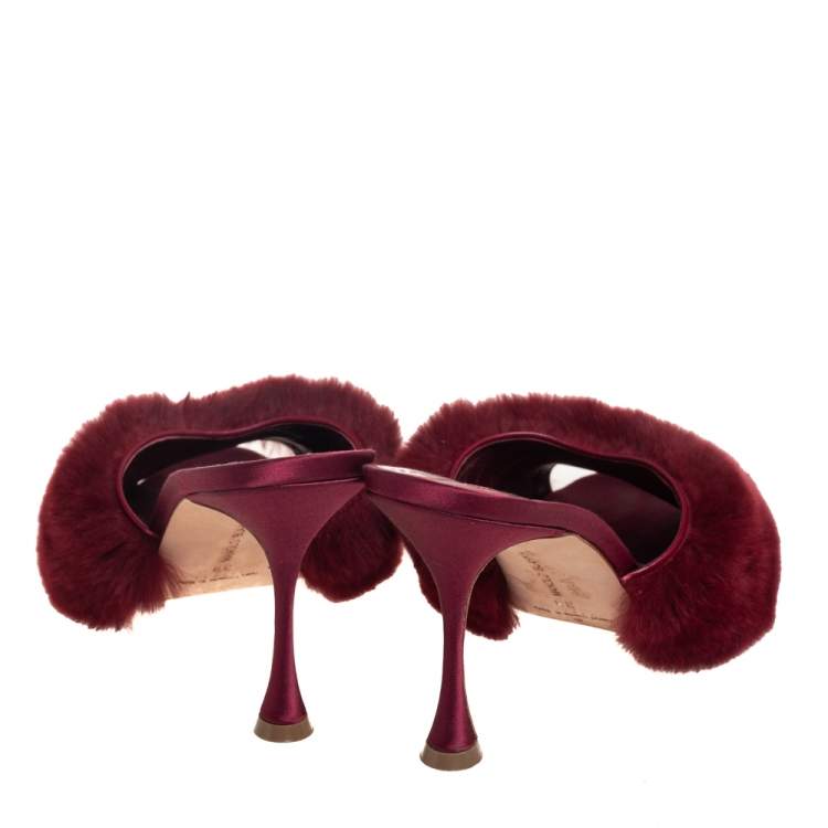 Pre Owned Manolo Blahnik Burgundy Fur And Leather Mules Sandals Size 39
