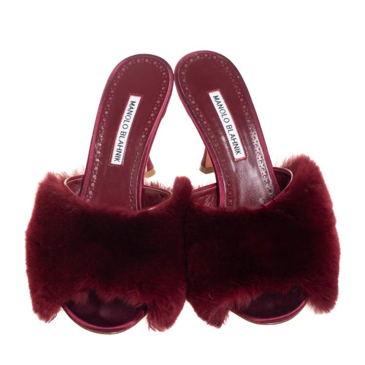 Pre Owned Manolo Blahnik Burgundy Fur And Leather Mules Sandals Size 39