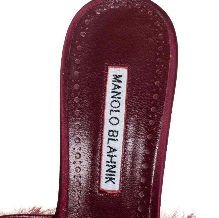 Pre Owned Manolo Blahnik Burgundy Fur And Leather Mules Sandals Size 39