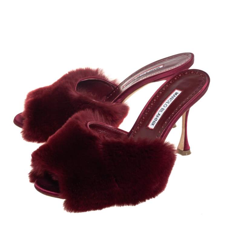 Pre Owned Manolo Blahnik Burgundy Fur And Leather Mules Sandals Size 39