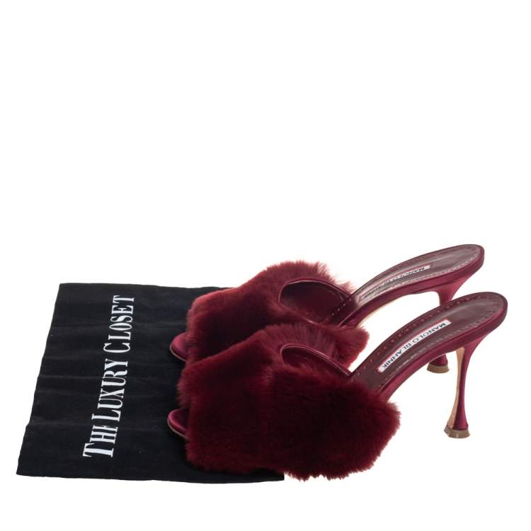 Pre Owned Manolo Blahnik Burgundy Fur And Leather Mules Sandals Size 39