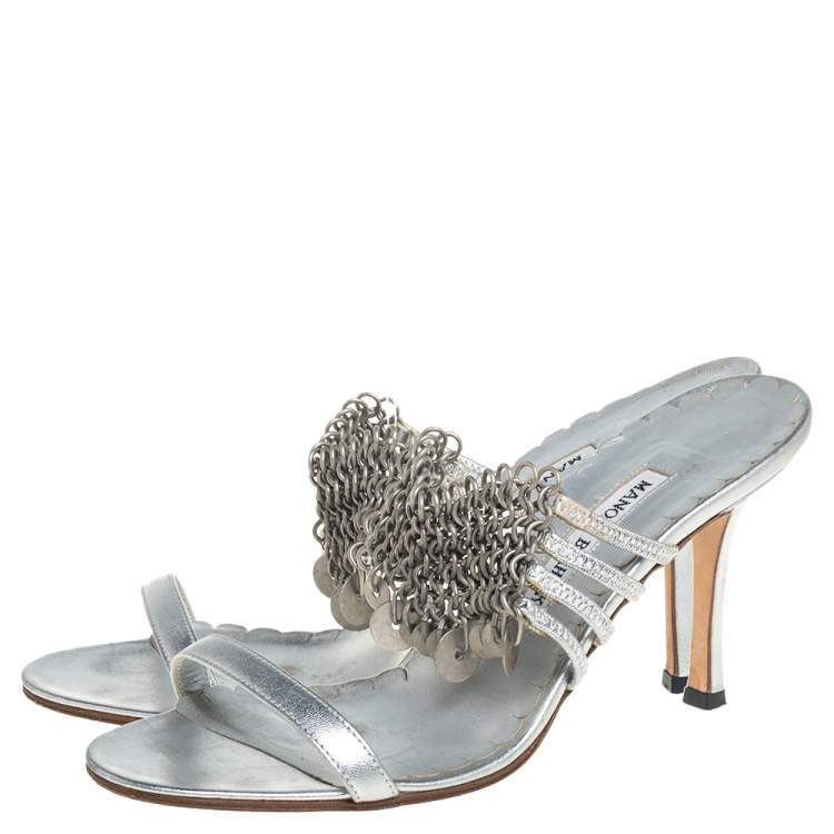 Pre Owned Manolo Blahnik Metallic Silver Leather Strappy Chain Slide Sandals Size 38