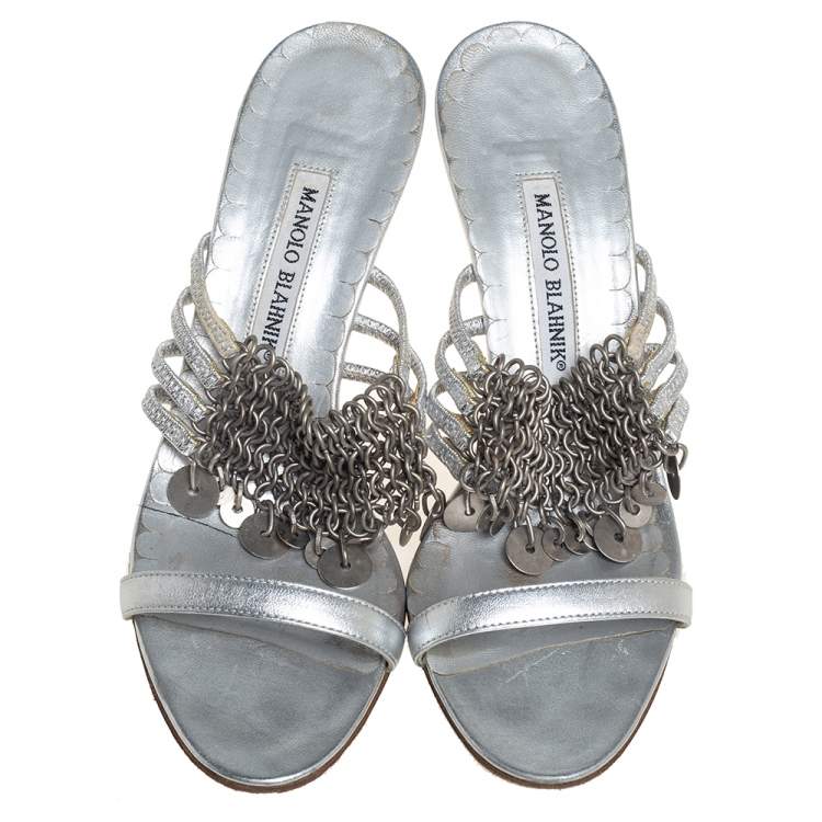 Pre Owned Manolo Blahnik Metallic Silver Leather Strappy Chain Slide Sandals Size 38