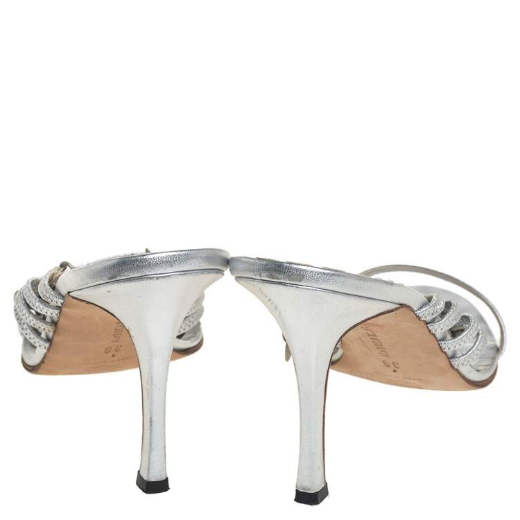 Pre Owned Manolo Blahnik Metallic Silver Leather Strappy Chain Slide Sandals Size 38